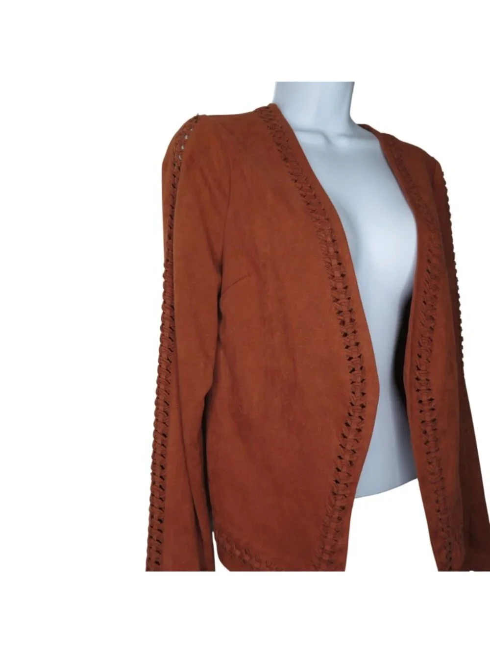 Gianni Bini Rust Faux Suede Open Front Jacket Intricate Braided Trim Long Sleeve